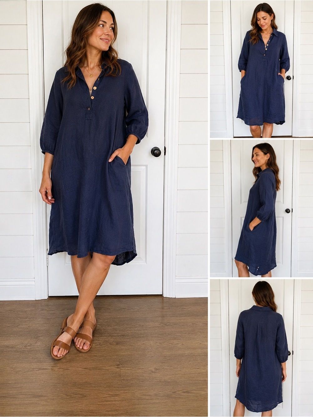 Fresh Laundry 100% Linen Navy Tunic Shirt Dress w/ Pockets Made USA Coastal